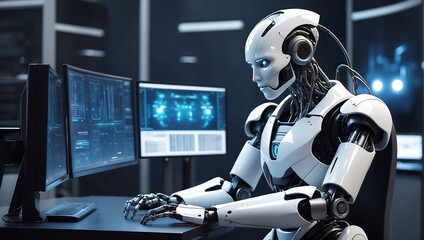 A strong artificial intelligence robot sitting at a desk with a computer monitor in data center background