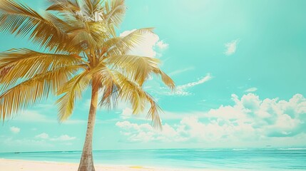Fototapeta na wymiar Palm tree on tropical beach with blue sky and white clouds abstract background Copy space of summer vacation and business travel concept Vintage tone filter effect color style : Generative AI