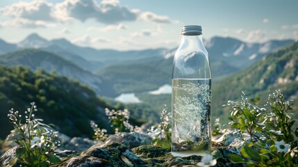 Obraz premium A clear glass water bottle with a metal cap stands on top of the mountain, overlooking green mountains and forests in front of it. 