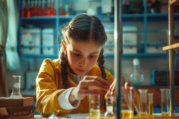 A girl participating in a science lesson examining a test tube with fascination in a well equipped classroom