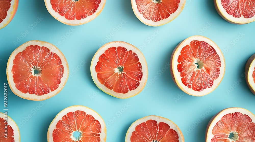 Aufkleber colorful fruit pattern of fresh grapefruit slices on blue background from top view : generative ai