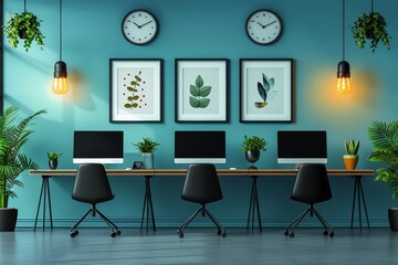 A simple vector flat design of an office with desks and chairs, computers on tables, potted plants in corners, a wall clock, and some art posters on the walls.