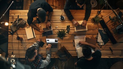 A team of web designers are working together to develop a mobile responsive website with UIUX front end design concepts A team of UxUi developers are working together at a wooden workb : Generative AI