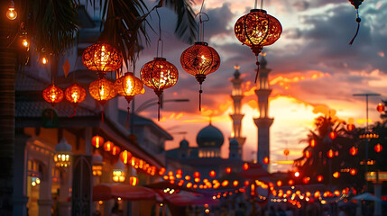 dusk glow of the mosque tower and lanterns illuminate the cityscape, with an orange lantern adding a pop of color to the scene