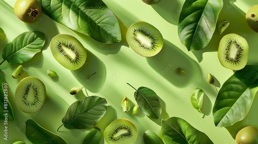 Poster creative layout made of kiwi and leaves flat lay food concept kiwi on green background : generative 