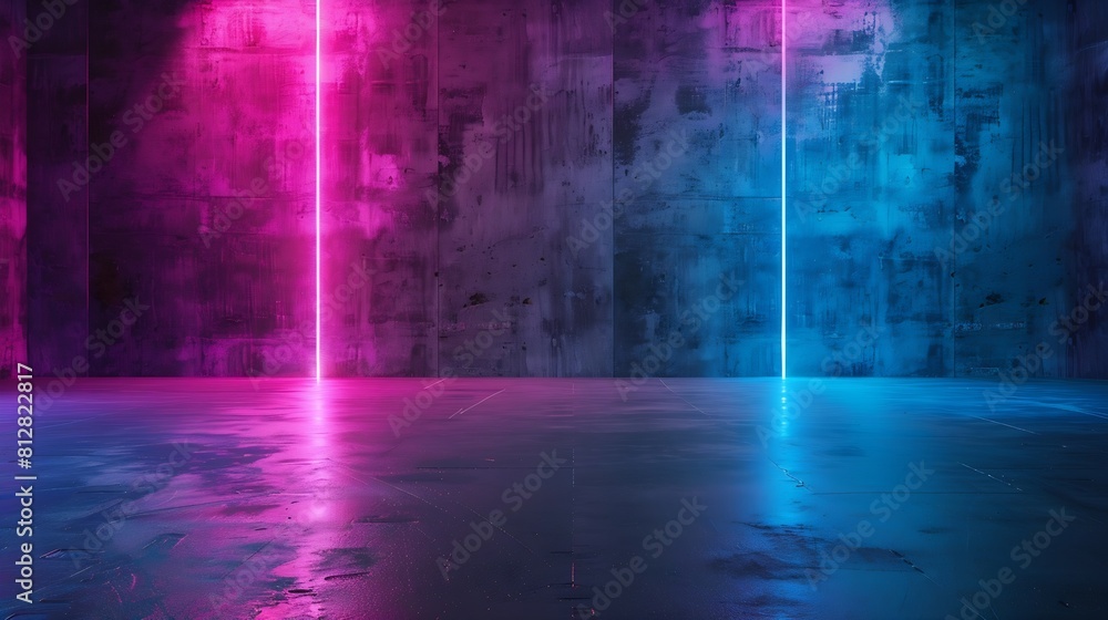 Poster dark empty room with pink and blue led lights on concrete wall and floor futuristic architecture int