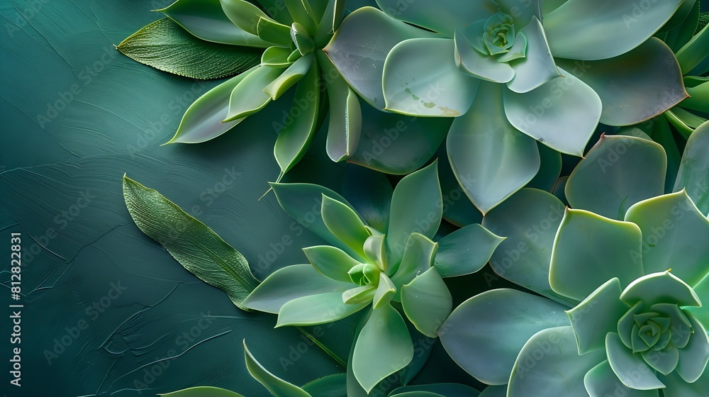 Poster Frame elements creative layout of succulent green leaves with beautiful texture with note paper macro card flat lay nature concept copy space : Generative AI
