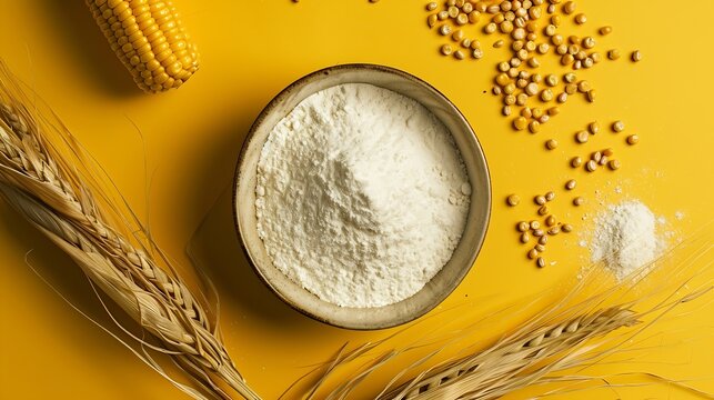 Bowl of cornflour above view isolated on a yellowcolored background Polenta in a bowl and dry corn maize : Generative AI