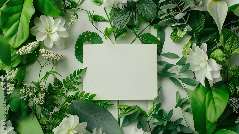 Poster creative layout made of flowers and leaves with paper card note flat lay nature concept : generative