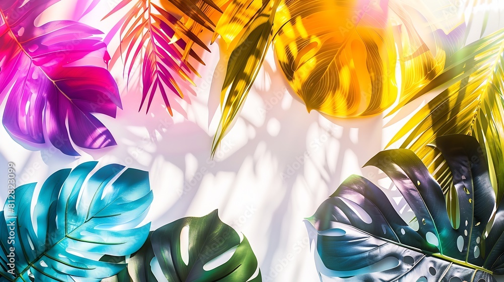 Poster creative layout made of colorful tropical leaves on white background : generative ai