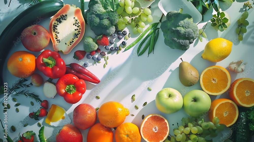 Poster creative layout made of various fruits and vegetables with white paper card flat lay food concept : 