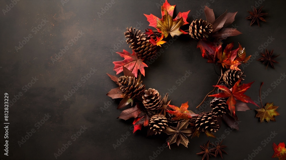 Poster autumn composition wreath made of autumn leaves pine cones anise star flat lay top view copy space :