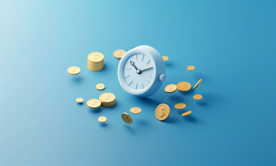 Clocks and coins floating in the air