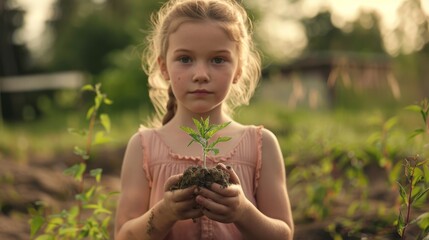 A young girl holding a seedling