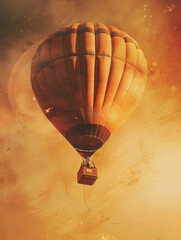 A captivating silhouette of a whimsical hot air balloon adventure unfolds across a vibrant and dramatic sky. Perfect for wallpapers and backgrounds, this early morning odyssey features a dreamy,