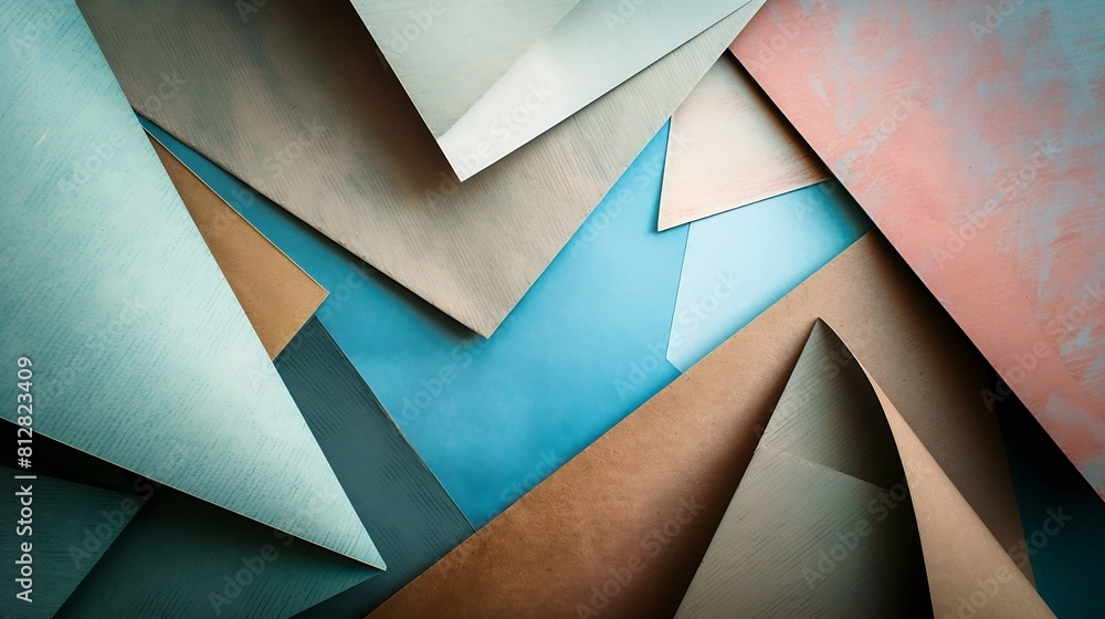 Aufkleber from above layout of colorful cardboard sheets in brown grey and blue shades : generative ai