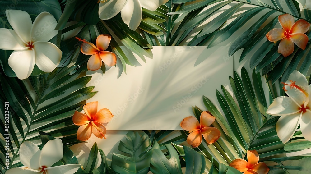 Poster creative nature layout made of tropical leaves and flowers with paper card note flat lay summer conc