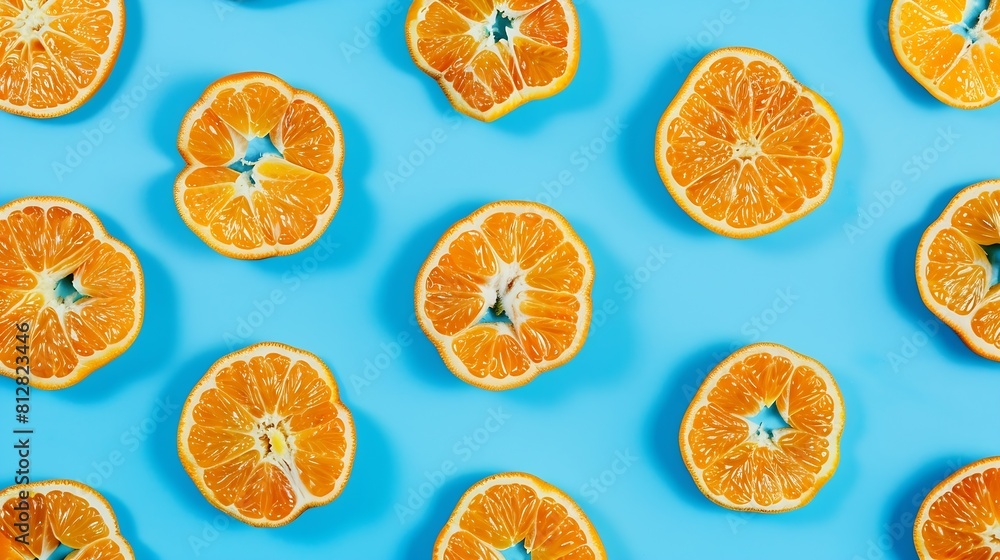 Aufkleber Fruit pattern of fresh mandarin slices on blue background Flat lay top view Pop art design creative summer concept Half of citrus in minimal style Tangerine : Generative AI