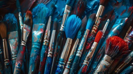 Fototapeta premium A collection of various painting brushes, including large and small bristles, arranged in an artist's palette. 