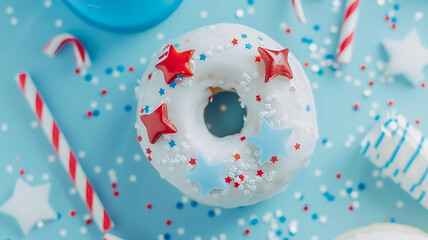 Patriotic-themed Donut with Stars and Candy Canes

