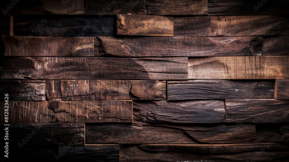 Wall mural A dark wooden wall with many stacked planks showing distinctive wood texture - Wall murals