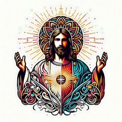 A colorful drawing of a jesus christ with his arms raised lively has illustrative meaning card design illustrator.