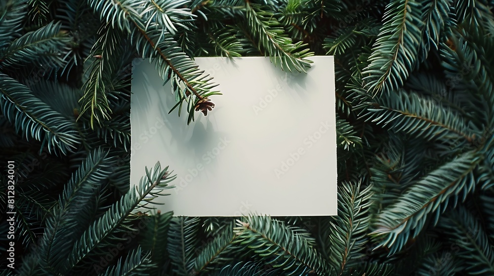 Poster Creative layout made of Christmas tree branches with paper card note Flat lay Nature New Year concept : Generative AI