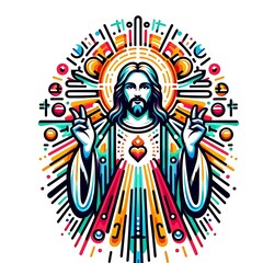 A colorful illustration of a jesus christ art photo card design illustrator.