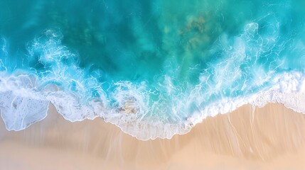 Fototapeta premium Relaxing aerial beach scene summer vacation holiday template banner Waves surf with amazing blue ocean lagoon sea shore coastline Perfect aerial drone top view Peaceful bright beach se : Generative AI