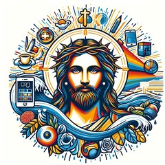 A colorful illustration of a jesus christ with a crown of thorns realistic harmony card design illustrator.