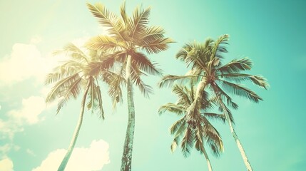 Obraz premium Palm trees against blue sky Palm trees at tropical coast vintage toned and stylized coconut treesummer tree retro : Generative AI