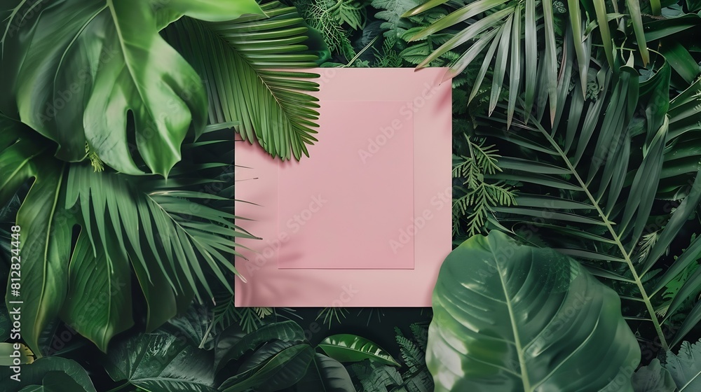 Poster square frame creative layout made of tropical leaves with paper card note flat lay nature concept su