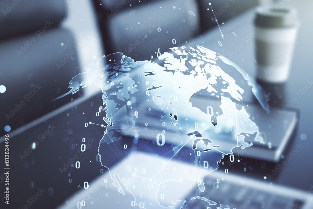Leinwandbilder multi exposure of abstract software development hologram with world map on laptop background, global