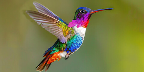 Fototapeta premium Macro shot of a colorful hummingbird hovering mid-air, displaying its vibrant feathers and delicate wings