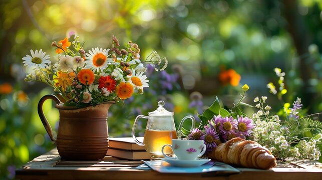Bouquet of meadow flowers croissant cup of tea or coffee books on table in summer garden Rest in garden reading books breakfast vacations in nature concept Summertime in garden on back : Generative AI