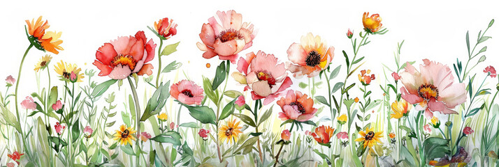 Watercolor Pastel Peonies and Sunflowers Field on White Background in Clipart Style