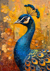 Bird painting with electric blue feathered peacock on yellow background