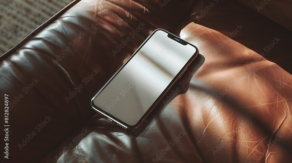 Poster flatlay mobile phone on leather bench or chair with elegant soft sunlight shadows flat lay top view 
