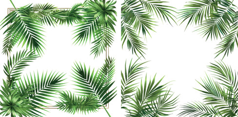 Tropical frame with green palm leaves. Tropical plant branches