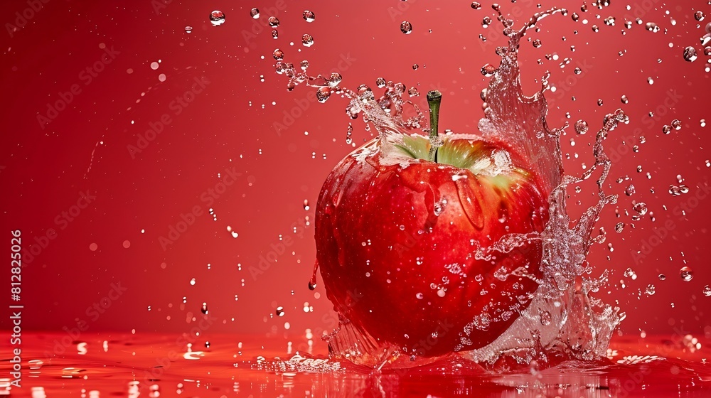 Poster creative layout made from fresh red apple fruit and water splashing on a red background : generative
