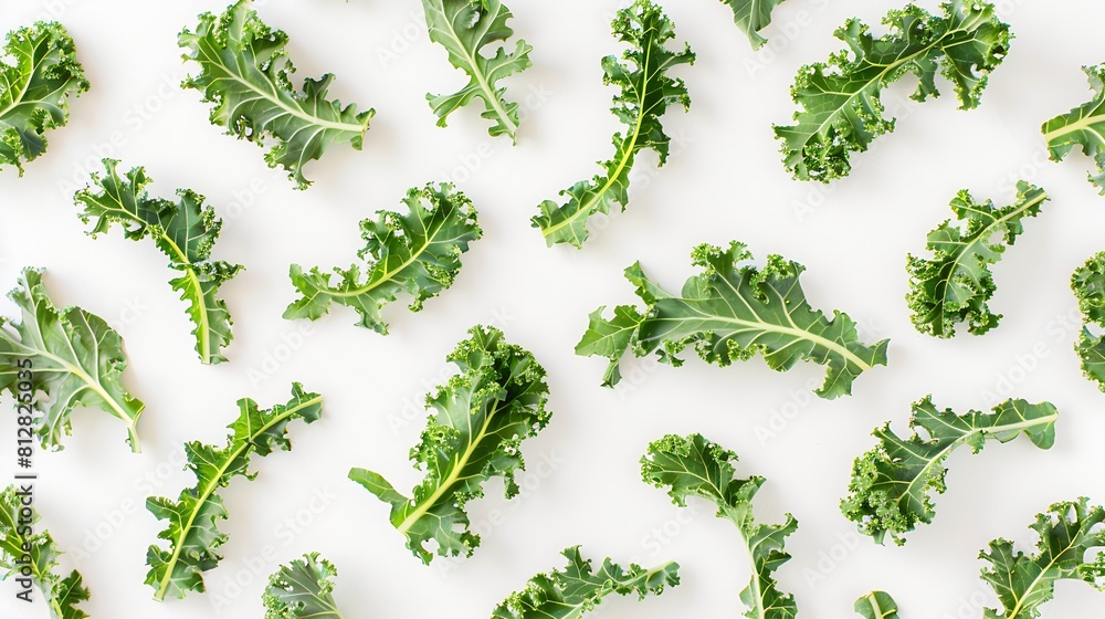 Poster creative layout made of kale on white background flat lay food concept macro concept : generative ai
