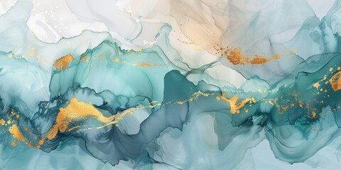 Vibrant blue and gold wave painting embellished with elegant gold streaks, evoking a sense of movement and serenity. Artistic expression concept.
