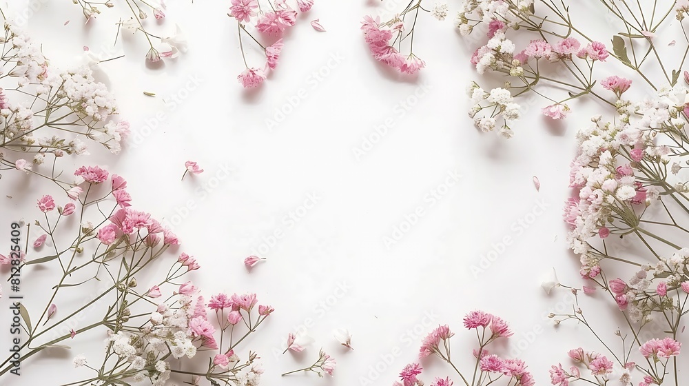 Poster flowers composition frame made of of pink gypsophila flowers and eucalyptus branches on white backgr