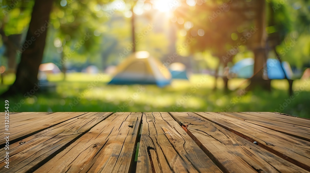 Poster wooden table top on blur tent camping travel tent and grass fieldfresh and relax conceptfor montage 