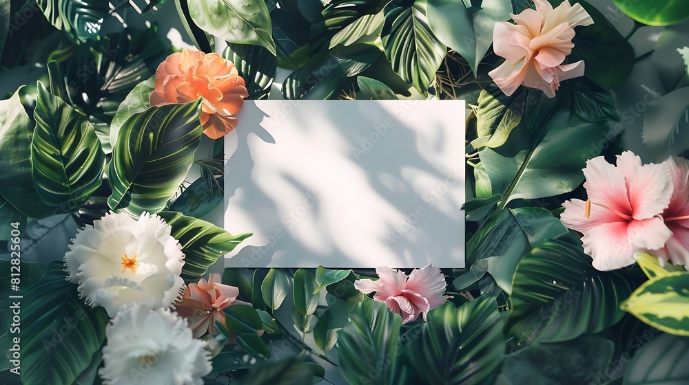 Poster creative layout made of flowers and leaves with paper card note flat lay nature concept : generative