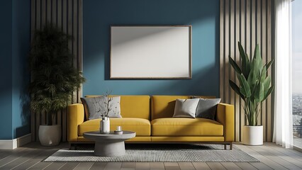 Interior of a modern living room with a blank white frame mockup, a sofa, minimalist furniture, natural light background, concept of interior design