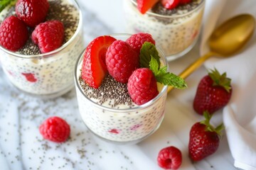 Delicious yogurt parfaits with chia seeds, fresh raspberries, and sprigs of mint in glass cups