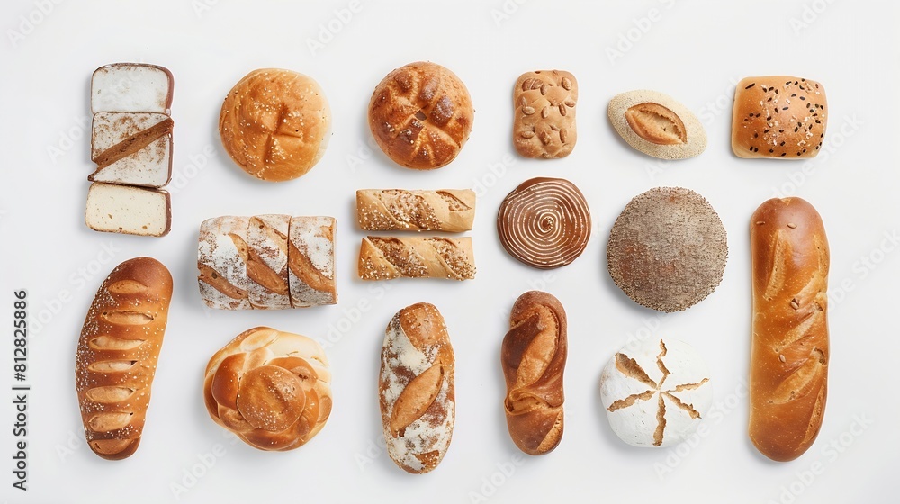 Poster creative layout made of breads on white background flat lay food concept : generative ai