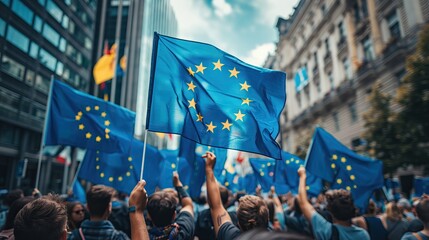 Dynamic Crowd Waving European Union Flags at Street Protest
