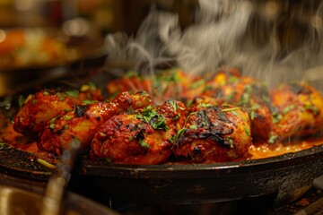 Sizzling chicken wings cooking in a pan on a stove, with tantalizing smoke rising. Irresistible...